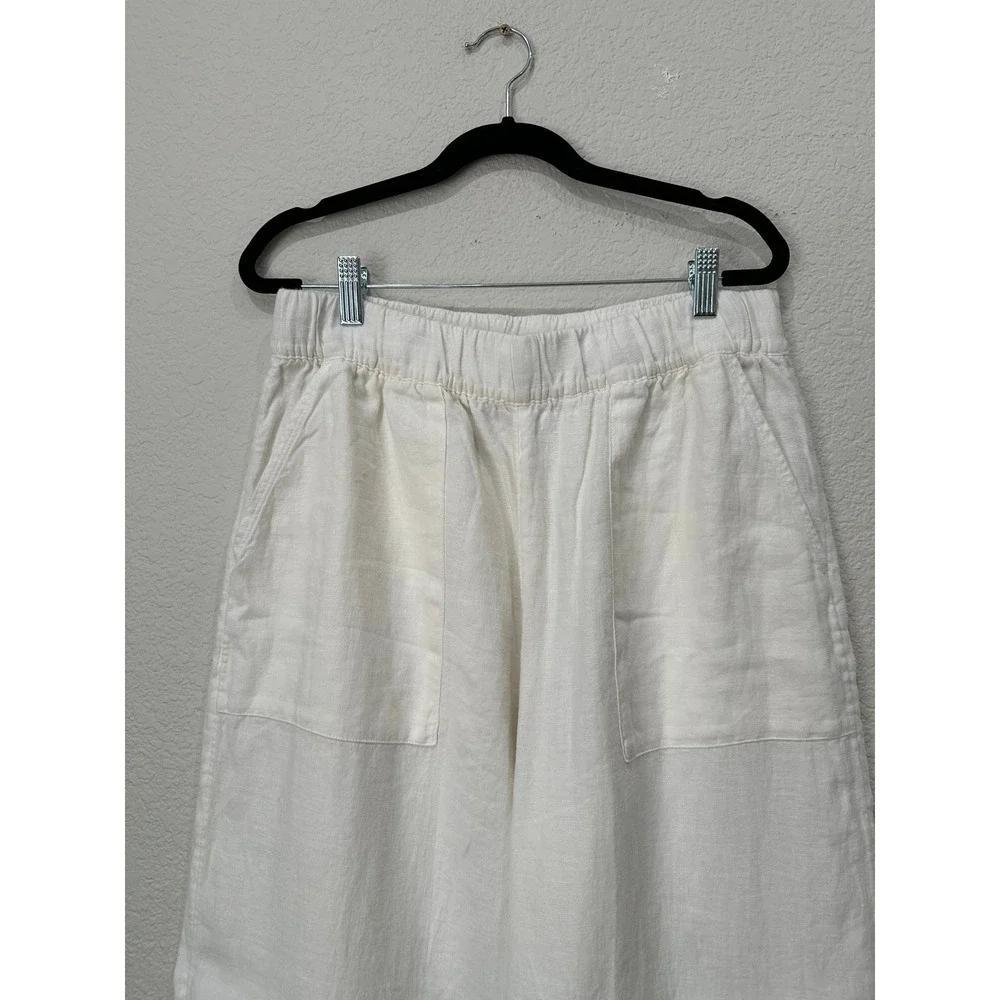 Beyond Yoga White 100% Linen Wide Leg Elastic Waist Patch Pocket Pants Large